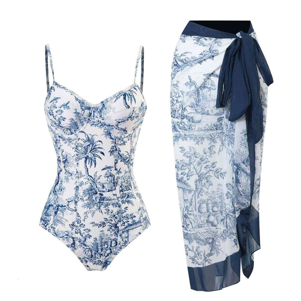 European American one-piece swimsuit for women, conservative slimming, retro printed with strip steel support, hard pack swimsuit, chiffon long skirt,