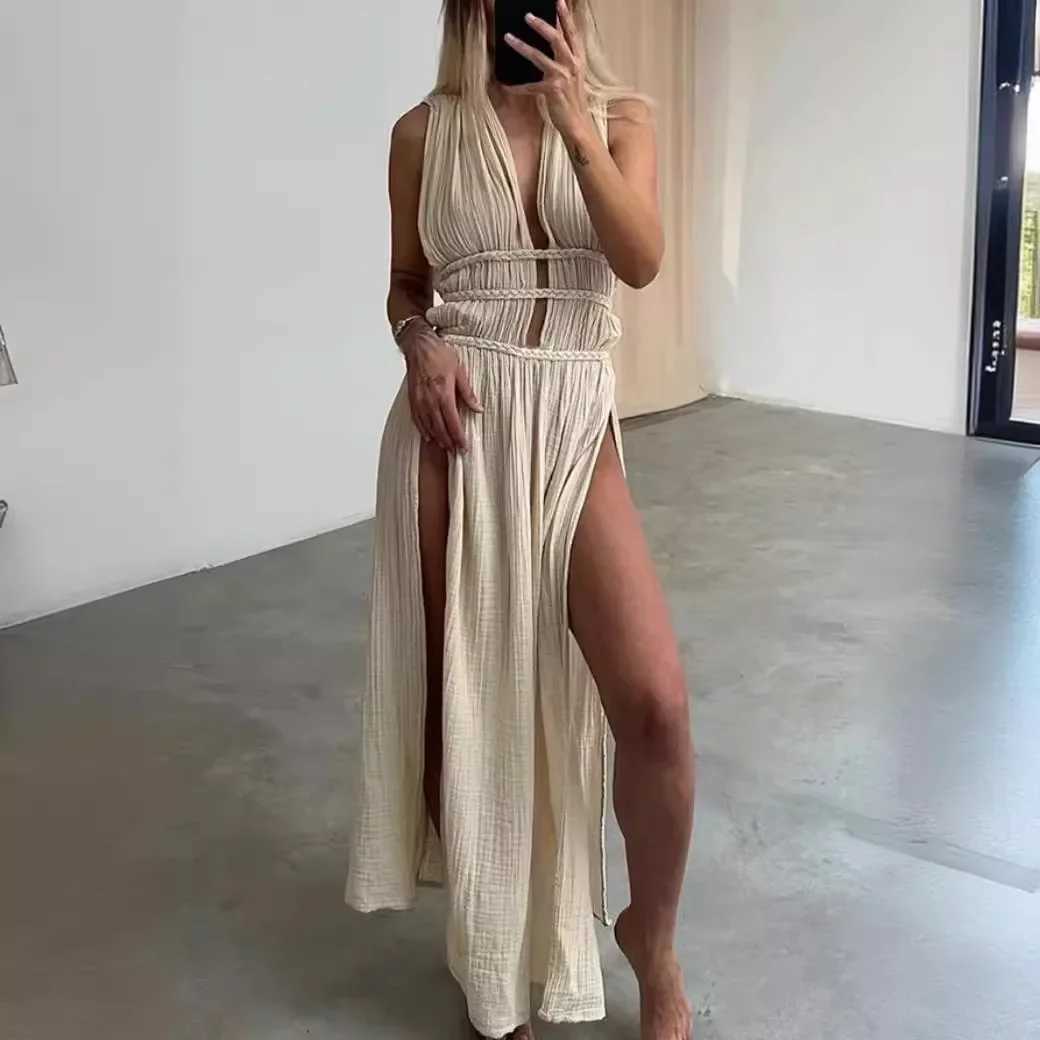2025 Summer Bohemian Women Long Dress Linen V-neck Backless Lace Up Side Split Sexy Dresses Female Holiday Beach Clothes LadiesXJ250514