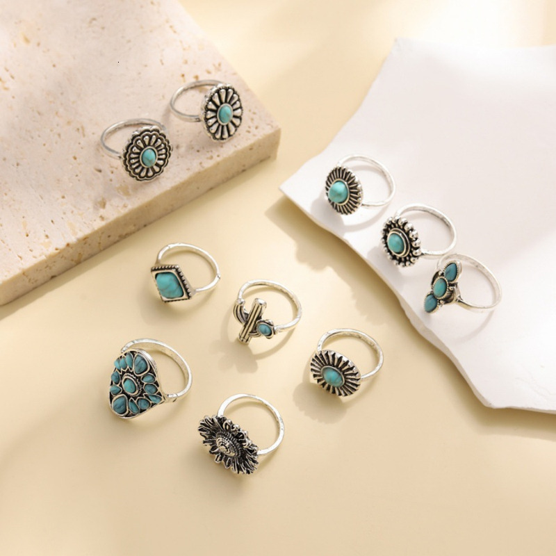 New Ring Exaggerated Geometry Flower Pine Stone Water Drop Ten Piece Set