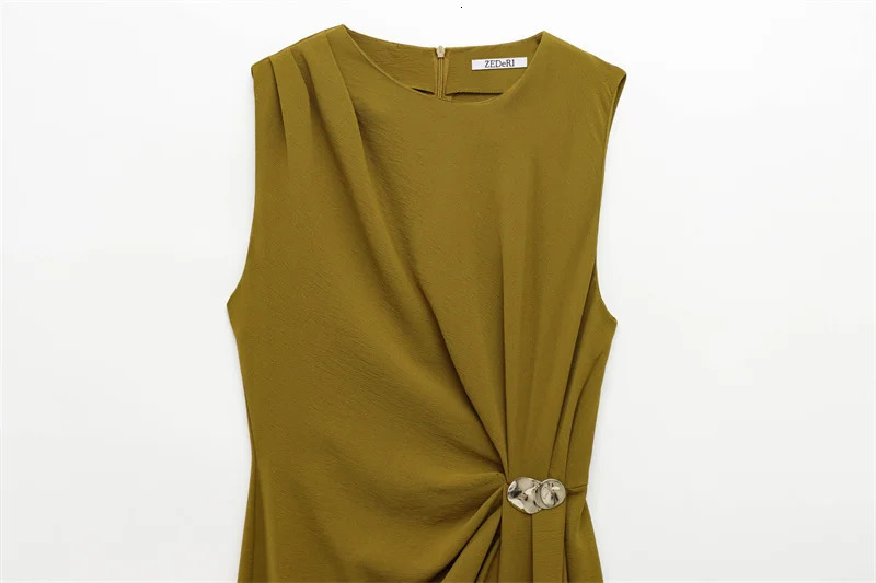 Womens Dress Spring Olive Green Pleated Waist Decoration Show Your Body Elegant Temperament Banquet Style 250514
