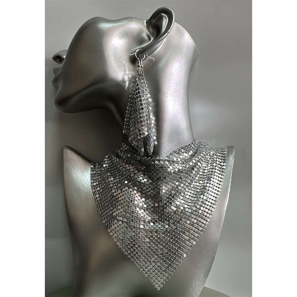 Triangle sequin silk scarf fake collar set with exaggerated personality collarbone necklace earrings pendant 24258