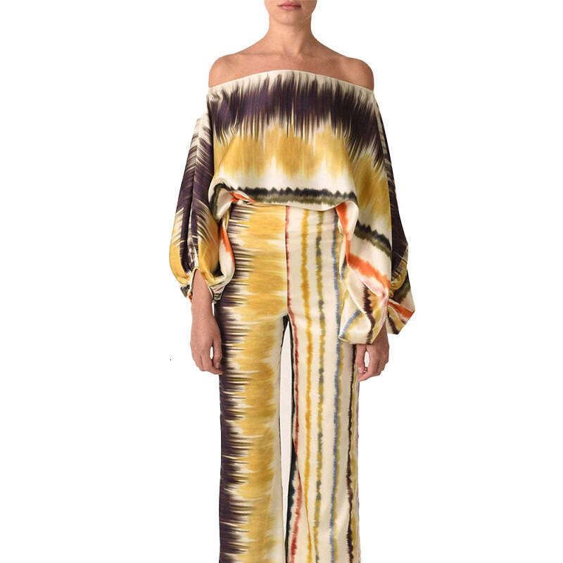 2025 New Loose Bat Sleeve Top Wide Leg Pants Fashion Set Womens Two Piece Set Gentle Wind High Elasticity Washable Printing Fashion New Pattern New Ar
