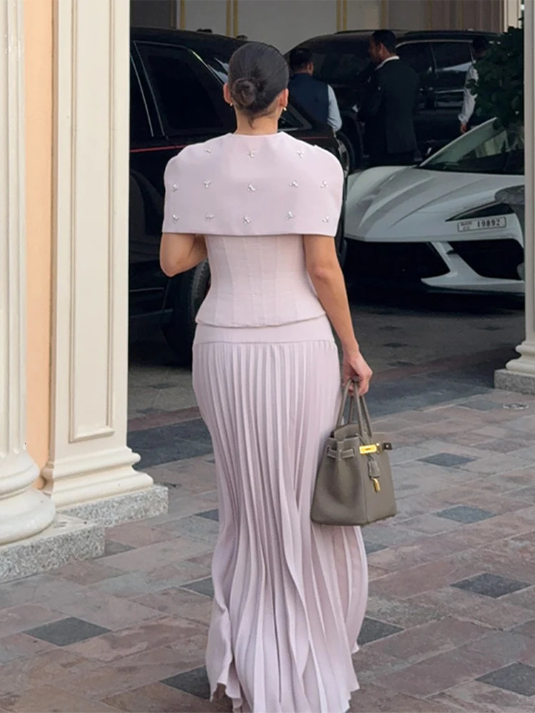 Elegant Shawl Slim Top Pleated Skirt Set Lady Retro Purple Sleeveless Tube High Waist Long Skirts Sets Women Summer Chic Evening 250514