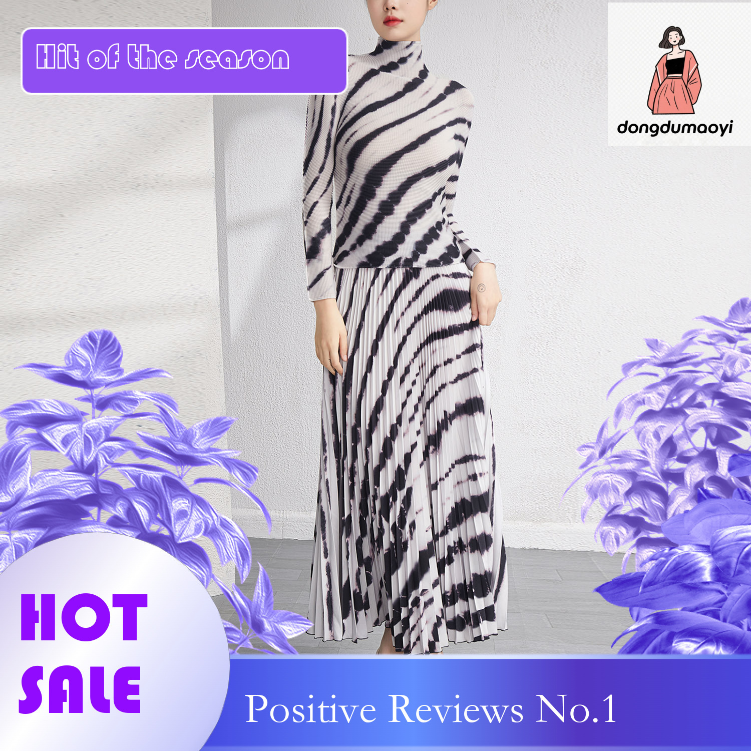 dongdumaoyi Miyake Fashion Set, Women's Fold Spring New Sleeve Bottom Shirt, Hanging High Waist Long Skirt, Two Piece Set