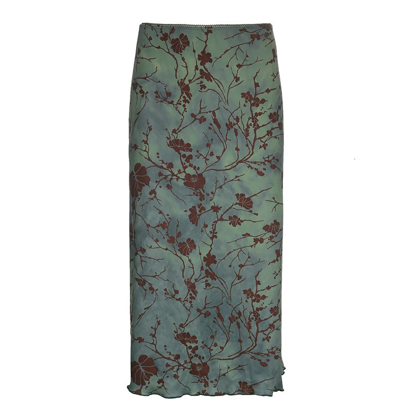 Rockmore Green Floral Printed Midi Skirt Fairycore Grunge Y2K Aesthetics Vintage Low Waist Womens Harajuku Outfit Clothing 250514