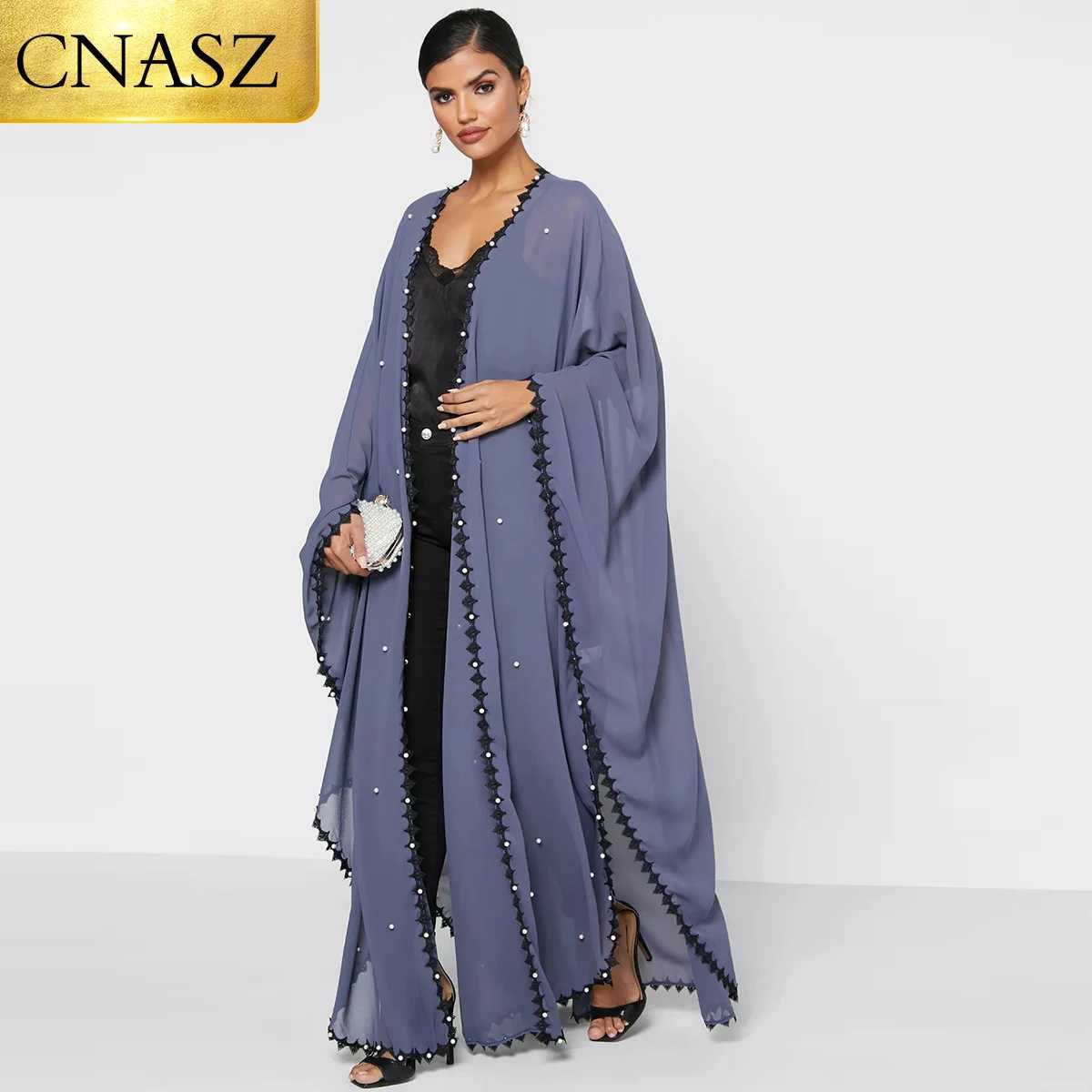 2025 New Muslim Abaya For Women Kaftan Mesh Pearls Chiffon Fabric Islamic Clothing Worship Service Dubai Middle East Fashion X250514