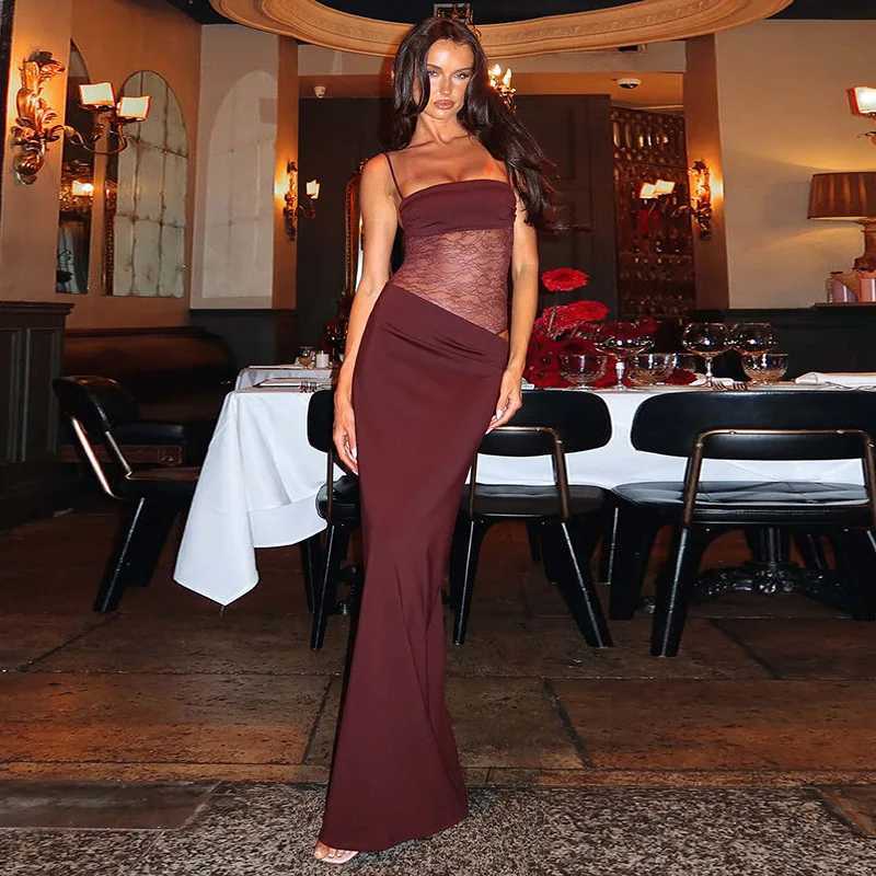 Elegant Lace Cut Out Maxi Dresses for Women 2025 Sexy Spaghetti Strap Patchwork Holidays Party Dress Summer Backless Long DressXJ250514