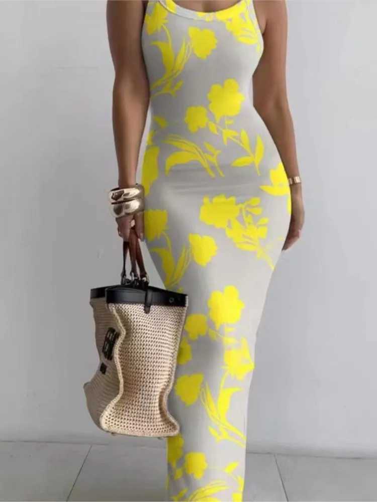 Dresses For Women 2024 Sexy Spaghetti Strap Color Printed Long Dress Evening Y2k Sleeveless Solid Skinny Bodycon Maxi DressesXJ250514