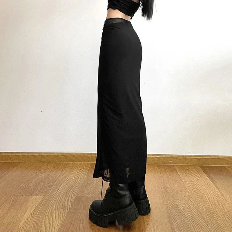 Y2K Black Long Skirts Women Harajuku Sexy Mesh Patchwork Wrap Skirt Summer Gothic Korean High Waist Slim A Line Foldas 250514