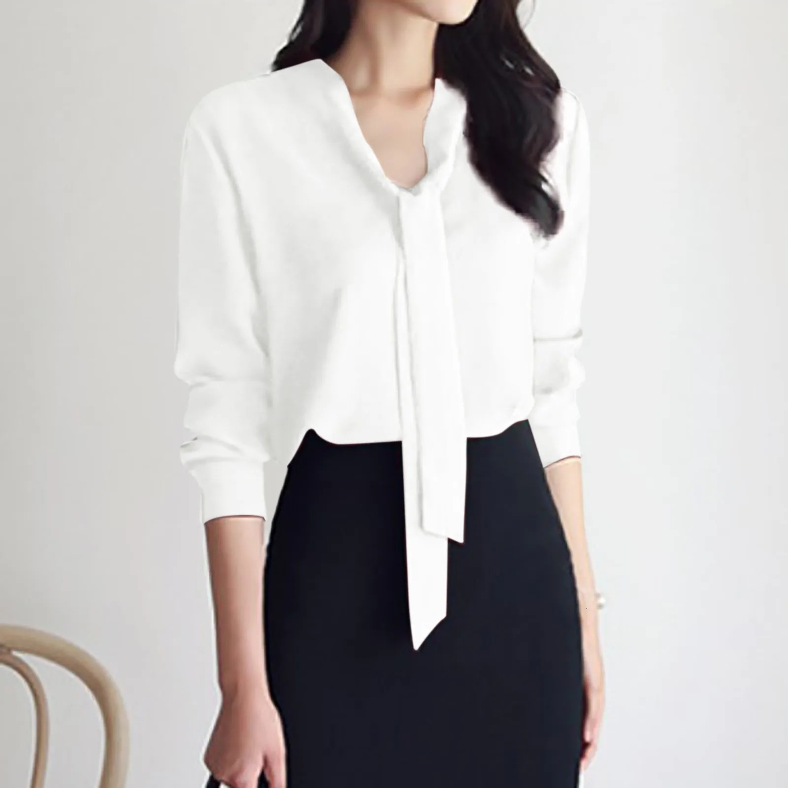 Female Elegant Shirt Womens Solid Color Long Sleeve Business Bow Ribbon Blouse Women Slimming Senior Sense Tunic Tops for Work 250513