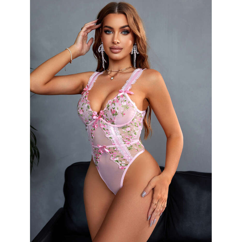 Sexy Lace Lingerie French Seductive Lace Embroidery Tight Fitting Clothing Pink Flower Bow Sexy Lingerie For Women KQ