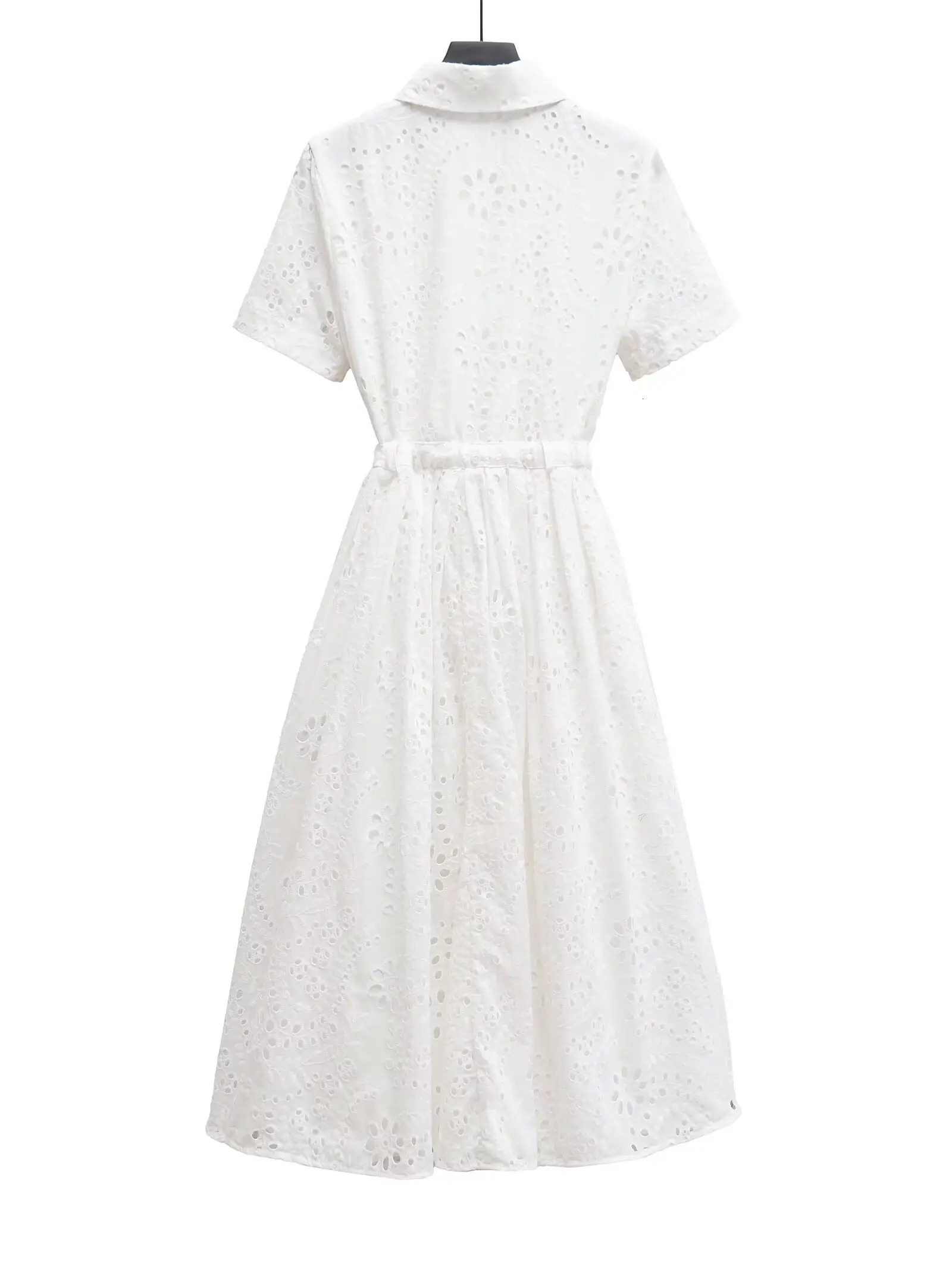 European and American style summer with belt y shortsleeved white dress 250514