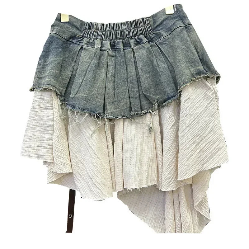 Retro Spliced Denim Pleated Skirt for Women Summer Temperament Girl Fashionable High Waist Aline 250514