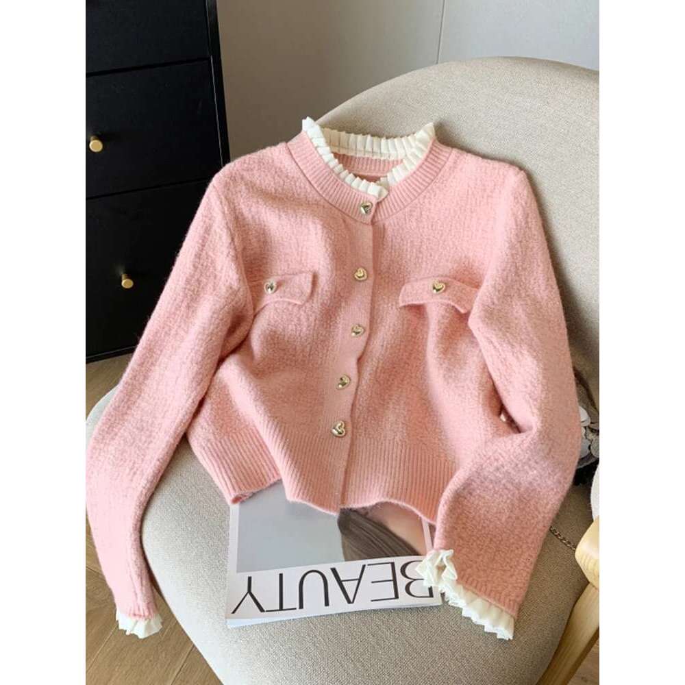New Autumn Winter Cashmere Sweater Korean Style Casual Ruffles White Pink Red Long Sleeve Knitted Cardigans For Women