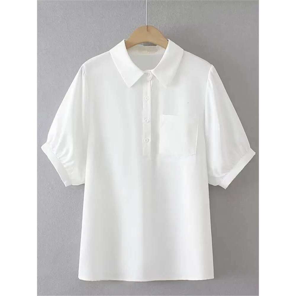 Plus Size Women's Clothing Summer Short Sleeves Lapel Single Breasted Shirt Paneled Top With One Patch Pockets On The Left Chest