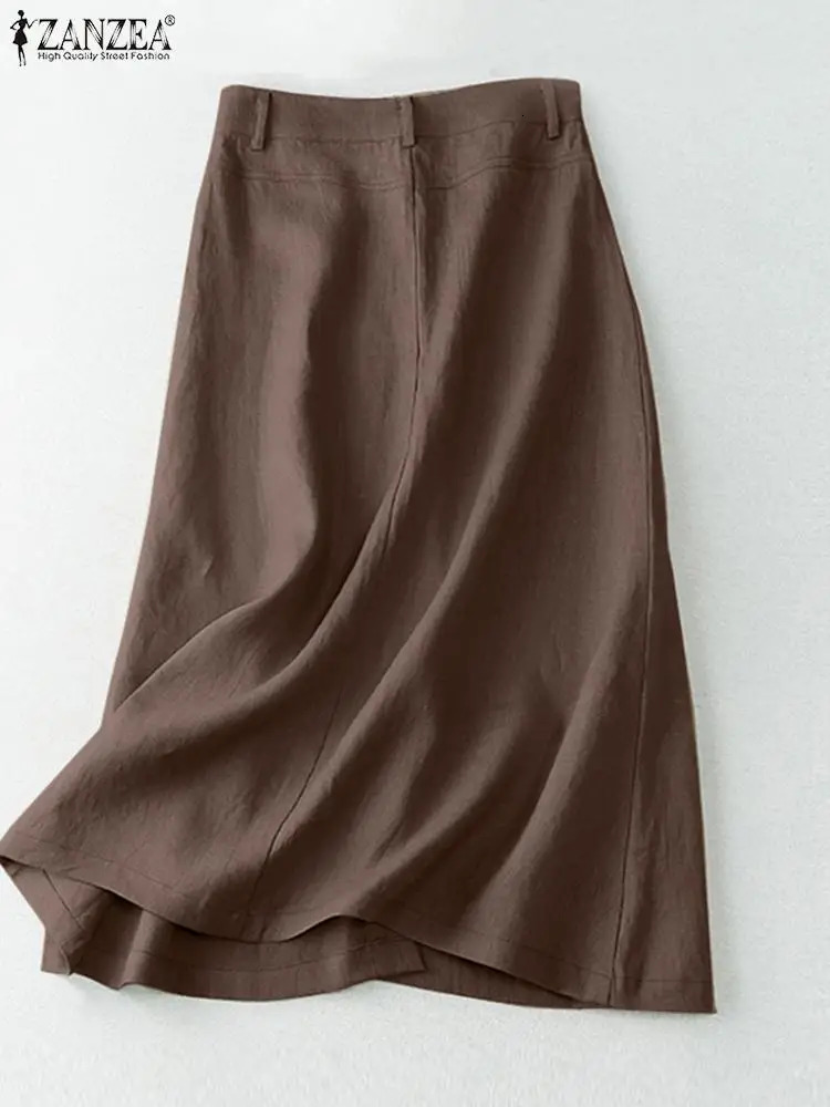 ZANZEA Women Casual Button Up Aline Skirts Summer Cotton Midi Elegant High Waist Solid Temperament Foldas 250514
