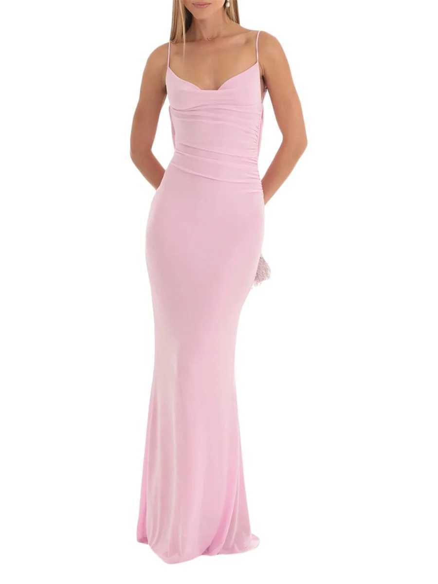 Womens Solid Color Long Bodycon Sling Dress Cowl Neck Sleeveless Summer Party Club Backless Cocktail DressXJ250514
