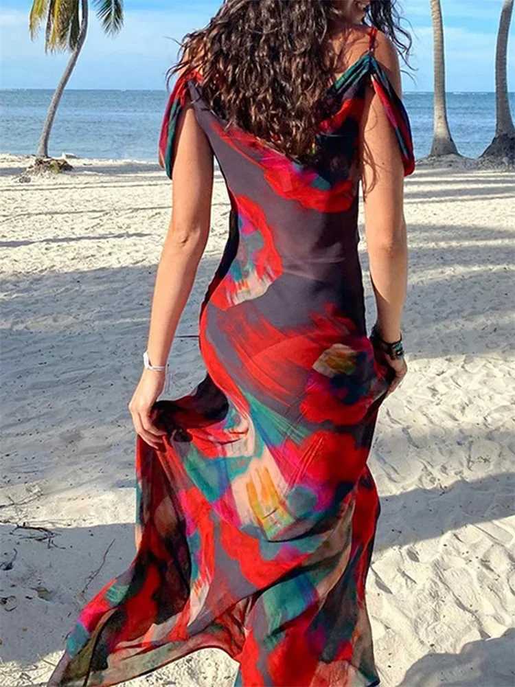 Womens Print Mesh Long Dress Off Shoulder Spaghetti Strap Low Cut Pleated Dress Evening Party Club Beach Sexy DressesXJ250514