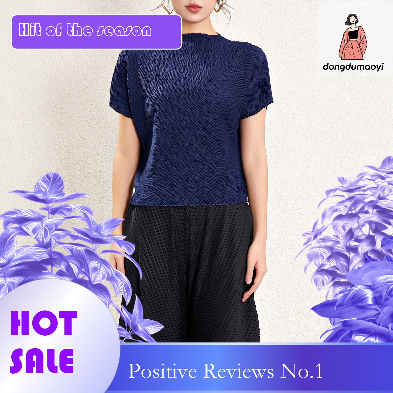 dongdumaoyi Miyake short sleeved top spring/summer 2024, with niche design a round neck, loose fit, slimming and pleated t-shirt for women