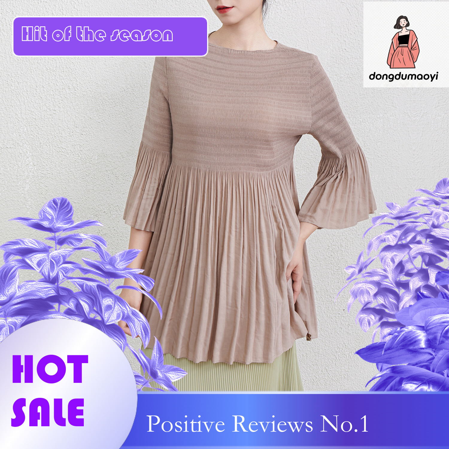 dongdumaoyi Miyake trumpet sleeve round neck pleated T-shirt 2025 spring new large loose medium long style slimming top for women