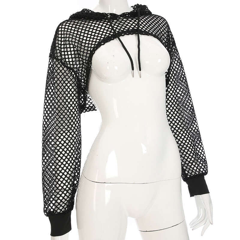 Sexy Women's Solid Color Mesh Top With Sun Protection, Hollowed Out Perspective, Minimalist Hooded T-Shirt B5