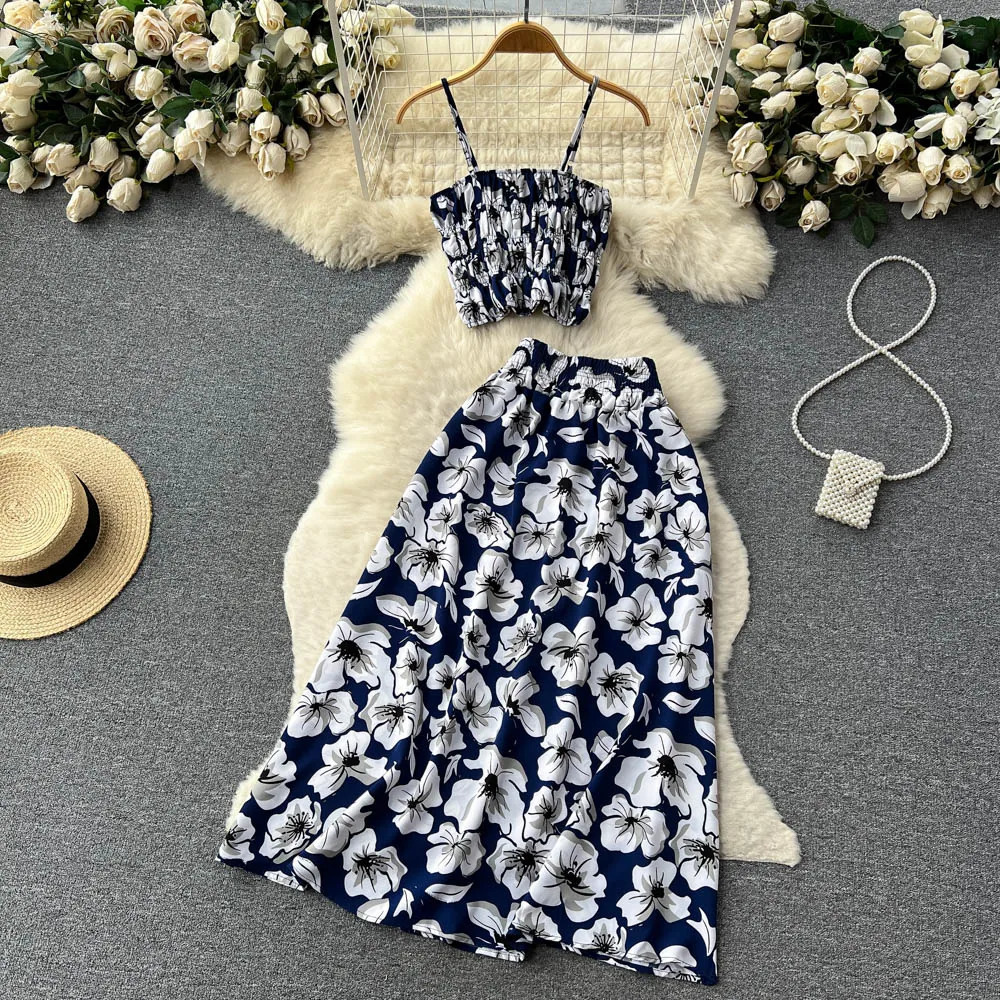 YuooMuoo Women Dress Set Summer Vacation Fashion Floral Print Straps Crop Tops Long Skirts Outfits Beach 2Pcs Suits 250514