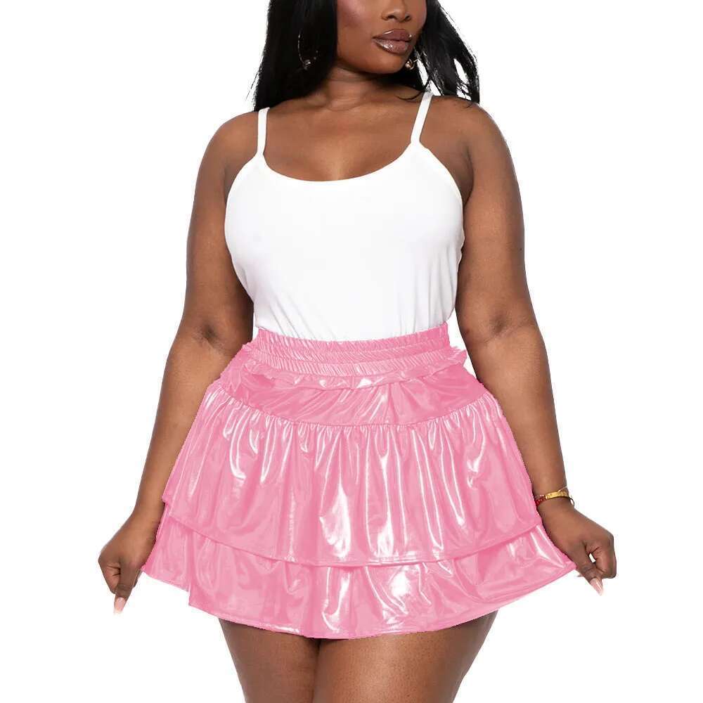 Plus Size Hologram Laser Tiered Pleated Mini for Womens High Elastic Waist A-line Pole Dancing Skirts Shiny Streetwear