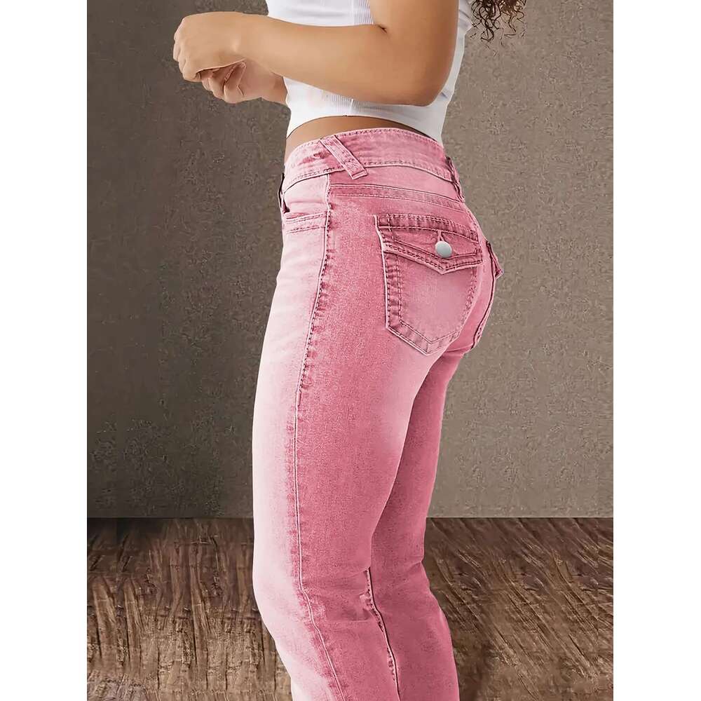 Women's Stretch Jeans Pink Wash, Low-Rise Slim Fit Denim With Hip Lift Effect, Double-Breasted Placket, Stylish And Sexy Jeans.