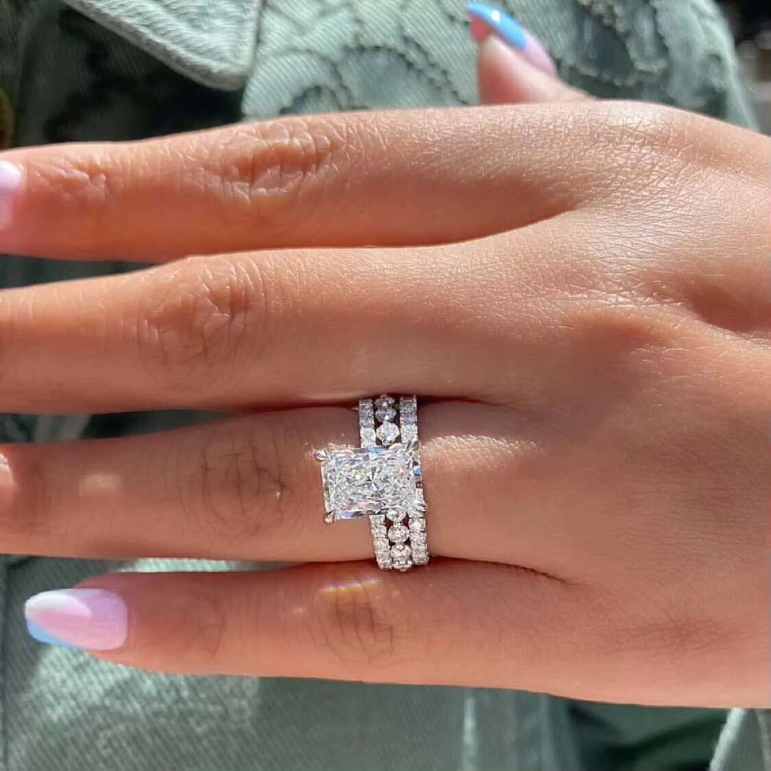 Pass Tester Women Jewelry 3ct Emerald Eternity Ring Engagement Wedding S925 10K 14K18K White Gold Moissanite Diamond Ring