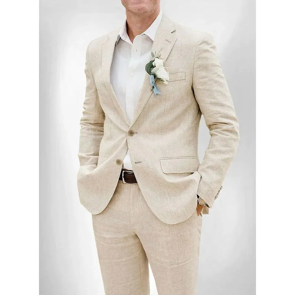 Sell Highend Summer Beige Linen Wedding Suits for Men 2 Pieces Notch Lapel Fashion Groom Slim Casual Beach Set 250506
