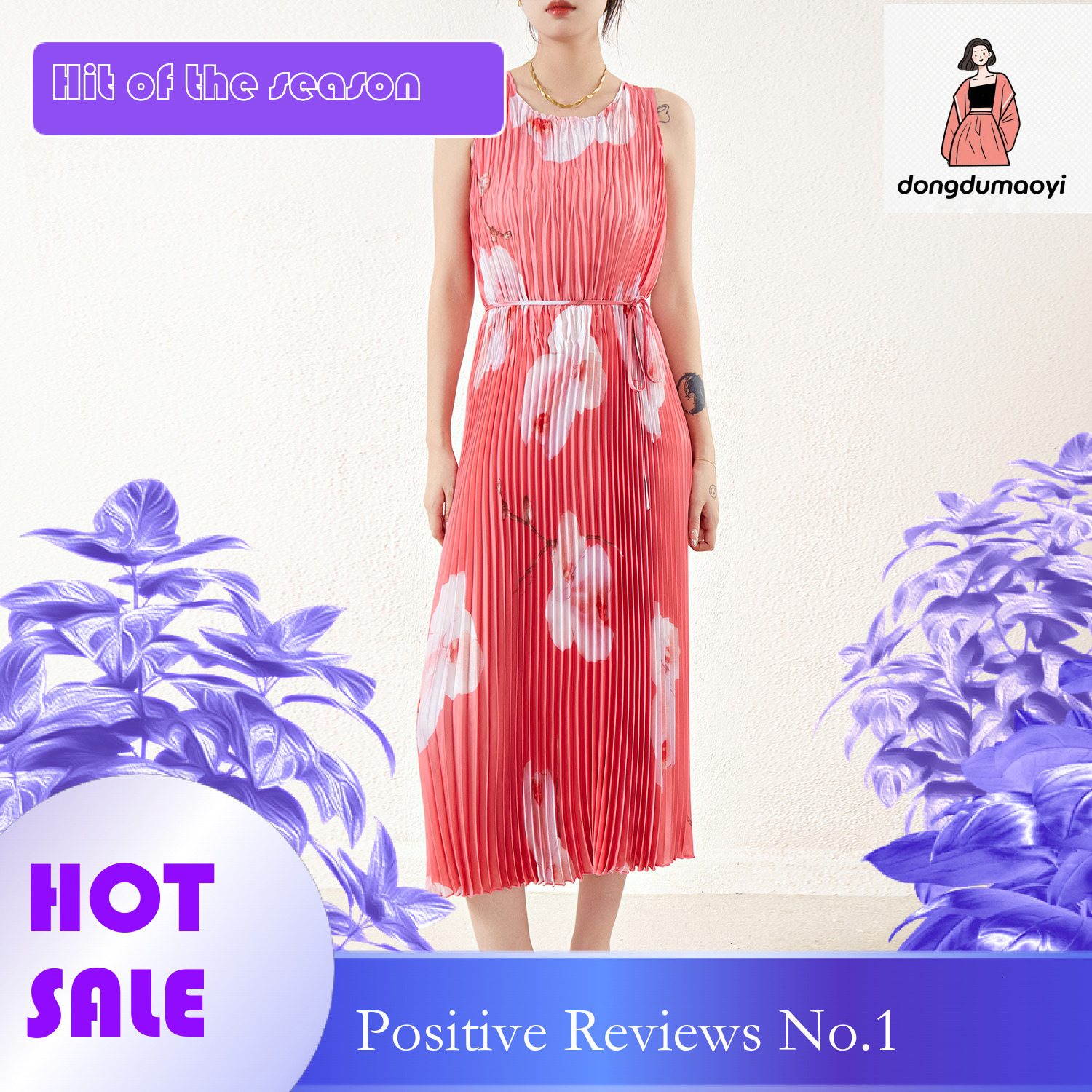 dongdumaoyi Miyake Printed Seaside Vacation Dress Spring Summer New Style Loose and Skinny Stylish Strap A line Skirt