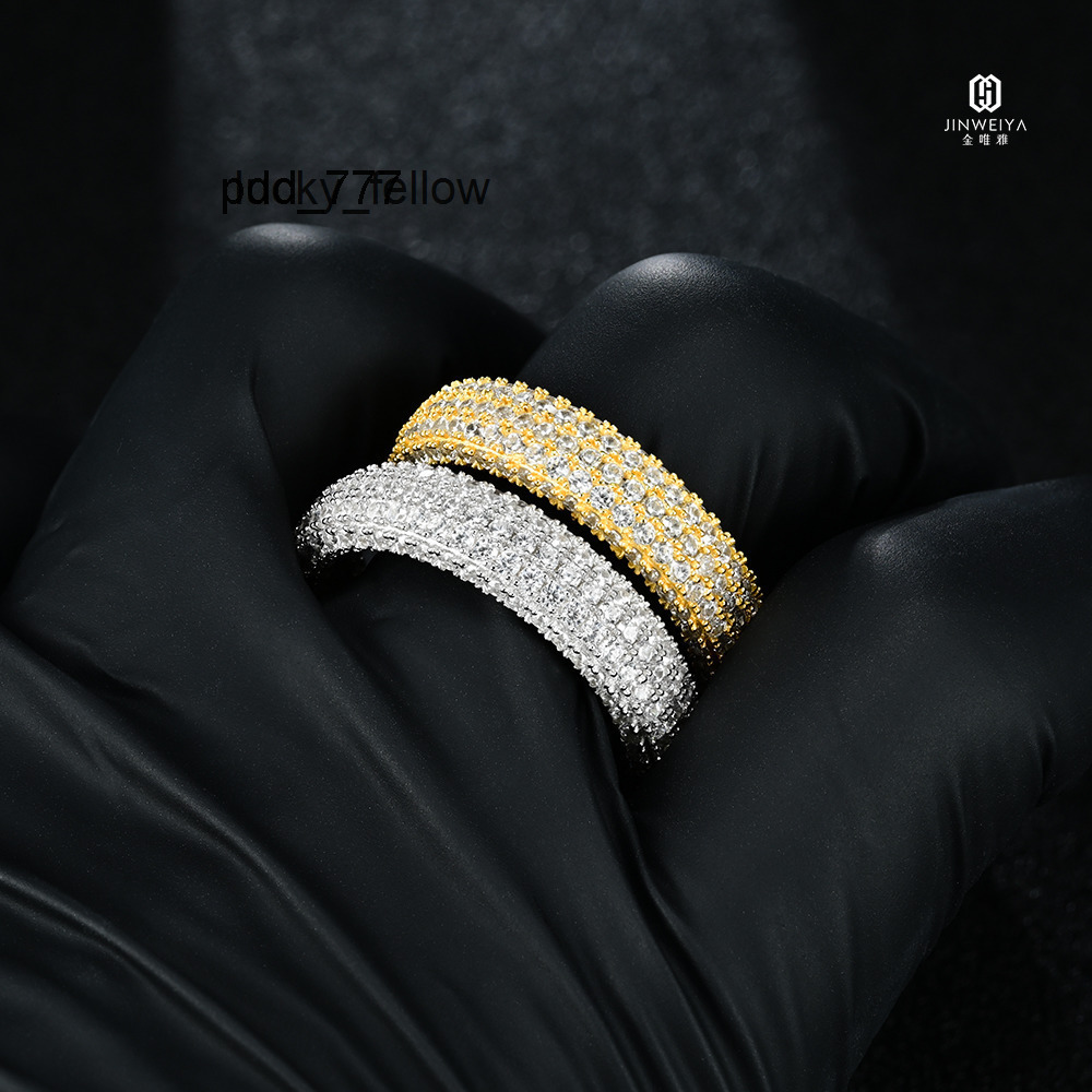 Fine Jewelry Rings Pass Diamond test 3rows VVS Moissanite Diamond Ring Hip Hop 925 Sterling Silver Gold Plated Rings