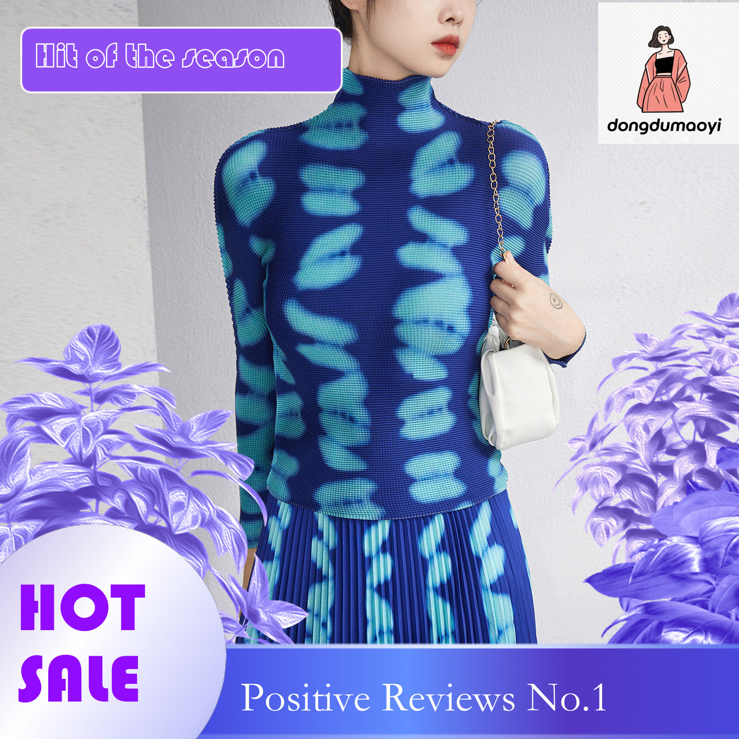 dongdumaoyi Half high collar printed base autumn outfit European small shirt two-piece slimming pleated skirt fashion set