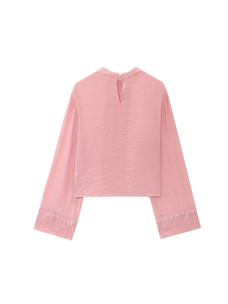 TFMLN Summer Fashion Women Lace Spliced Pullover Shirt Solid Color Stand Neck Long Sleeve Elegant Casual Blouse 250514