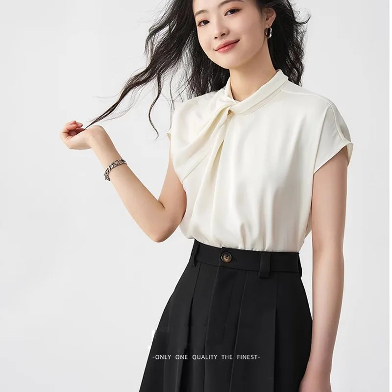 Summer Elagant Front Cross Womens Blouse Short Sleeve Stand Collar Korean Casual Loose Office Lady Shirts Female 250514