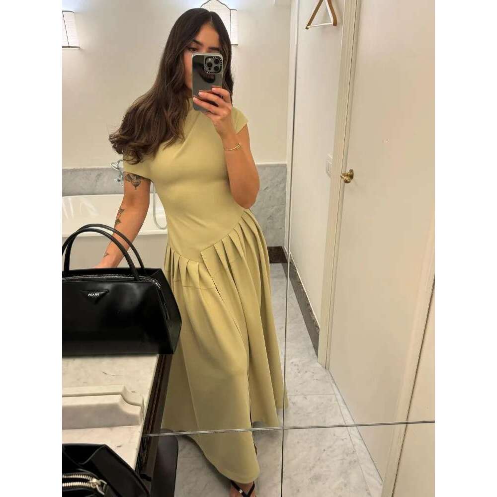 Elegant Off Shoulder Pleated Dress Women Fashion O Neck Short Sleeve Patchwork Long Dresses New Casual Office Lady Robe