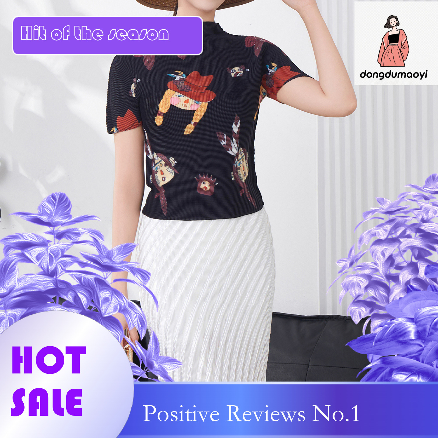 dongdumaoyi Miyake Fashion Folded Top Summer New Cartoon Elastic Versatile Half High Collar and Slimming Short Sleeve T-shirt for Women