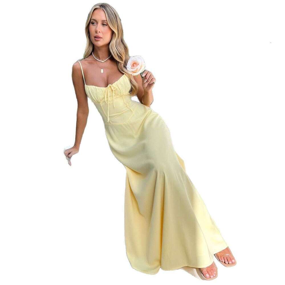 Women's Wear Summer New Women's Clothing Elegant Lace Up A-Line Suspender Solid Color Dress
