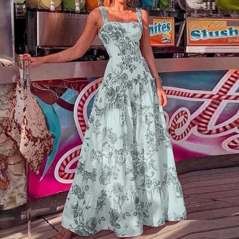 Slim-fit Camisole Maxi Dresses for Women Summer Sexy Long Dress Women Fashion Floral Printed Square Collar Without Sleeves DressXJ250514