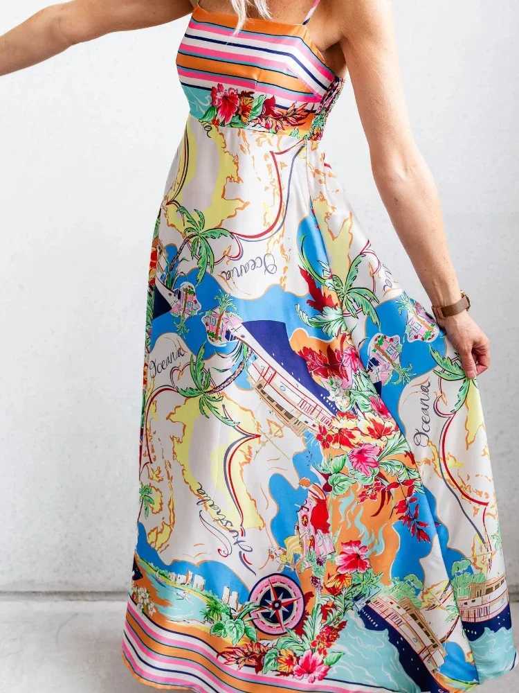 2025 Summer Fashion New Womens Elegant Dress Printed High Waist Vacation Style Big Swing Vacation A-line Long DressXJ250514