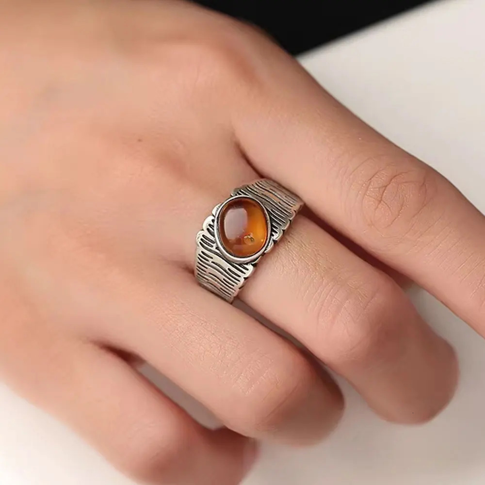 925 Silver Mens Wide Ring 8x10mm Natural Amber Malachite Gemstone Gothic Vintage Bold Jewelry for Men Unique Statement Gift 250509