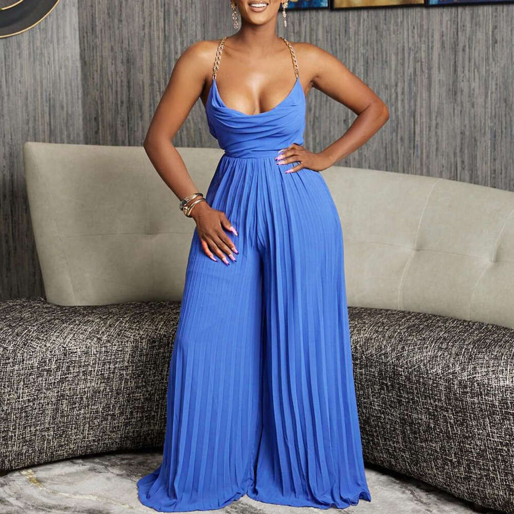 Women's Wear Women's Wear Summer Fashion Chain Hanging Neck High Waist Sexy Backless Wide Leg Pleated Jumpsuit