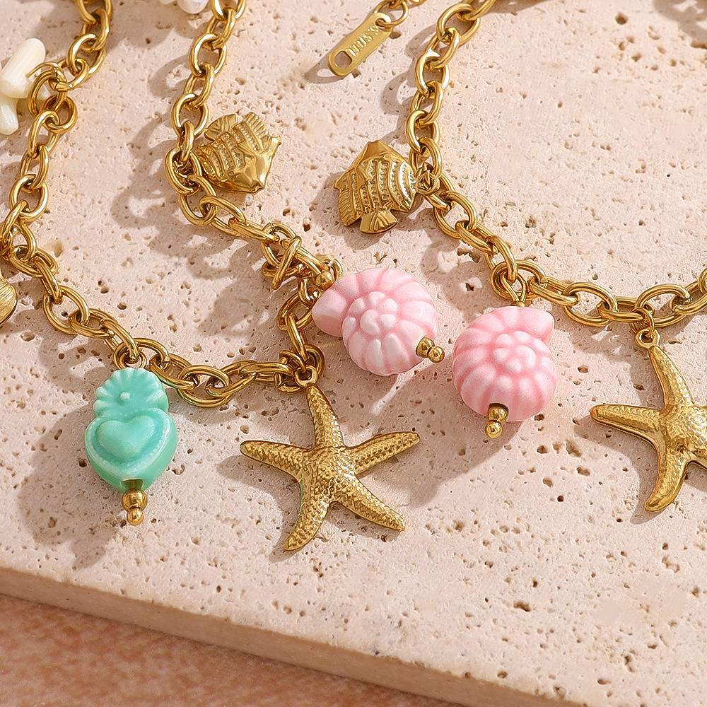 Ocean Inspired Fish & Starfish Titanium Steel Bracelet with Colorful Ceramic Charms, Elegant Necklace for Women