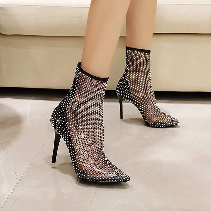 Fine Pointed Head Rhine-drill Cold High Heel Elastic Fishnet Socks Boots Hollowed Out in New Women's Shoes