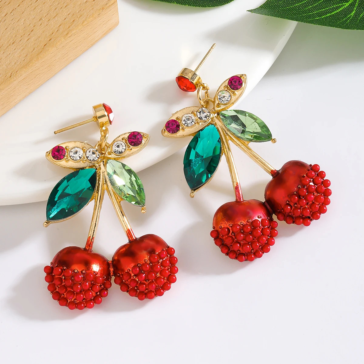 Vedawas Rhinestone Rice Bead Enamel Cherry Drop EarringsLovely Elegant Beaded Fruit Party Holiday Women Accessories 250514