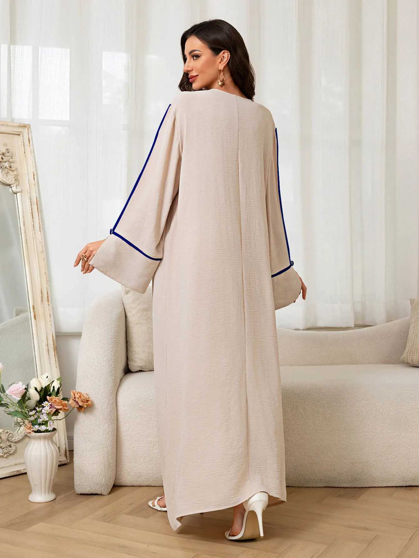 New Islamic Muslim Womens Beige Abaya with Blue Embroidered Neckline and trimmed Long Slves for Ramadan Middle East Religious X250514