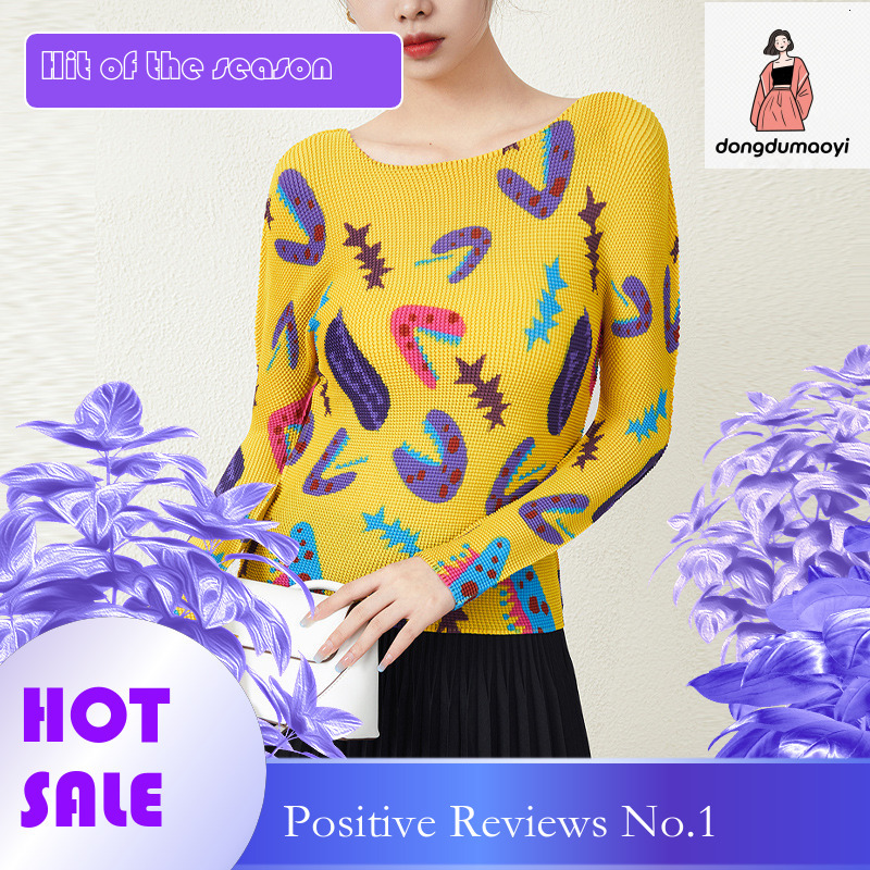 dongdumaoyi Miyake women's round neck long sleeved 2024 early spring pleated new slim fit thin T-shirt base shirt for women