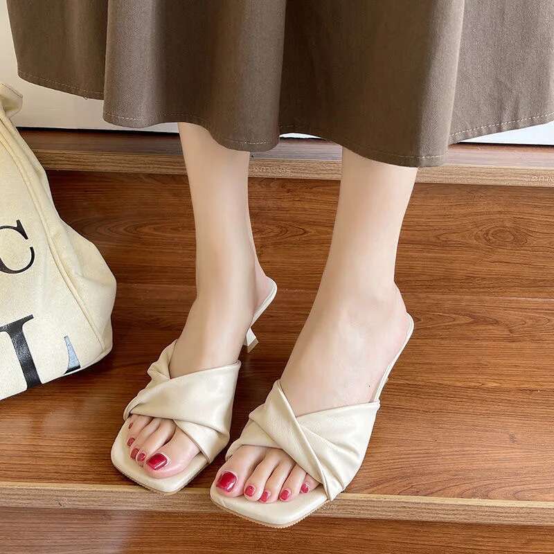 new minimalist single e cool drag cat heel high-heeled shoes French women's half slippers for outerwear
