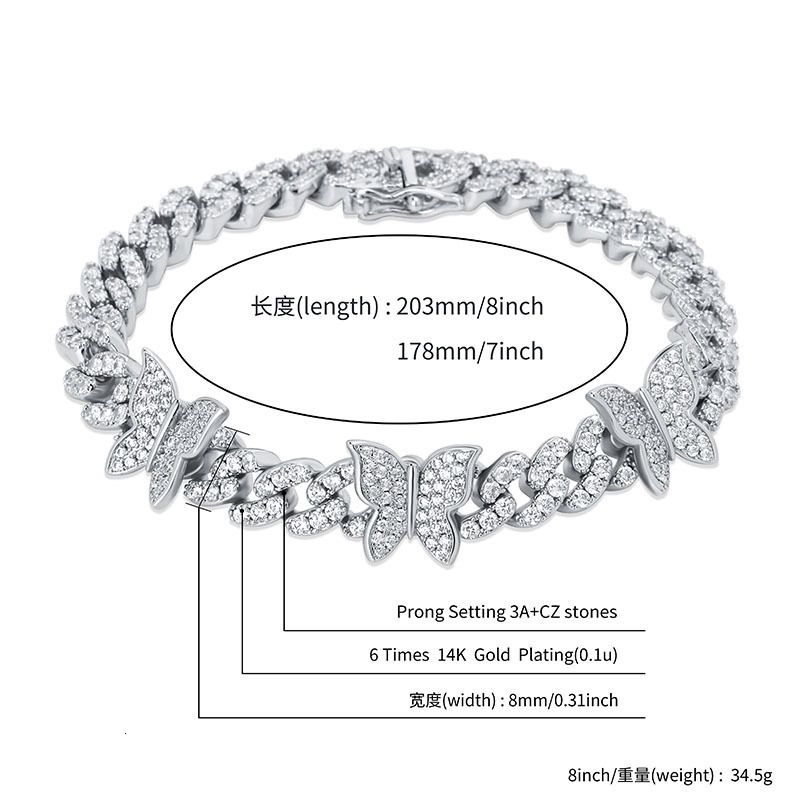 Bling Cubic Zirconia Butterfly Heart Charm Bracelet For Women Cuban Link Chain Chunky Top Quality Fashion Hip Hop Iced Out Chains Wolf Tide Rapper Jew