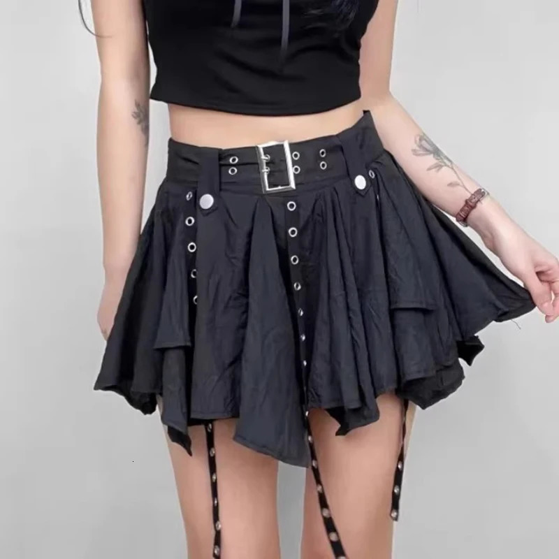 Womens Crumpled Layer Mini Skirt with Belt Strap Elastic Back Asymmetrical Short Grunge eGirl Y2K Acubi Outfit 250514